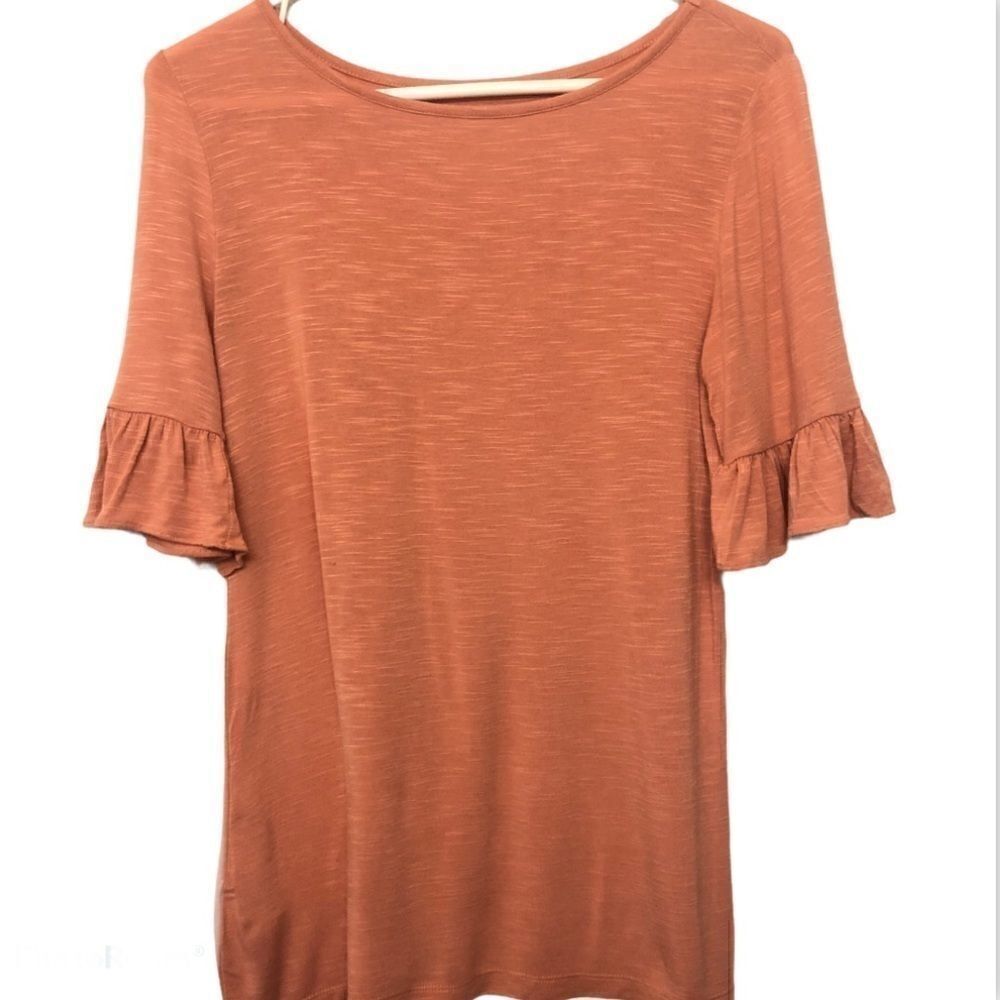 LOFT coral orange crew neck ruffle short sleeve top blouse T shirt modest XS